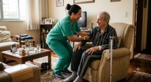 Cuidador para idosos após alta hospitalar em Belo Horizonte auxiliando uma pessoa idosa durante a recuperação em casa.