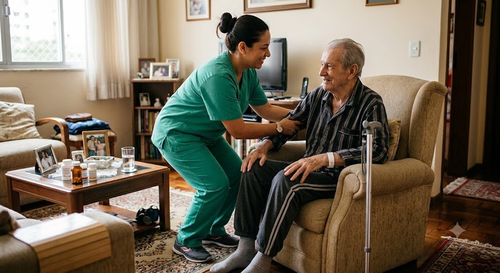 Cuidador para idosos após alta hospitalar em Belo Horizonte auxiliando uma pessoa idosa durante a recuperação em casa.