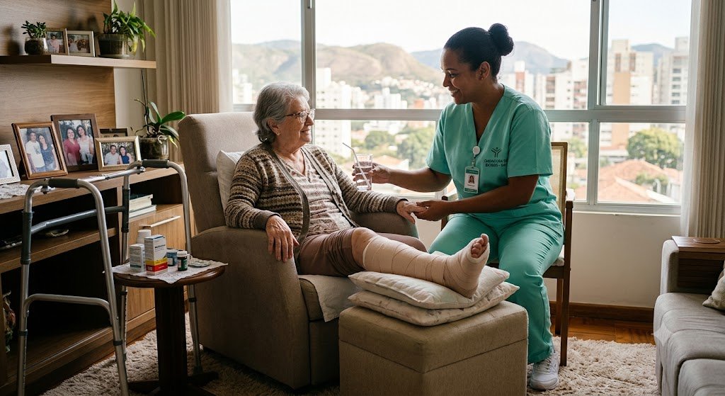 Cuidador para idosos com fratura de fêmur em Belo Horizonte auxiliando uma pessoa idosa durante a recuperação em casa.